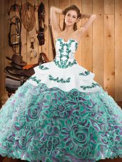 Multi-color Satin and Fabric With Rolling Flowers Lace Up 15 Quinceanera Dress Sleeveless With Train Sweep Train Embroidery