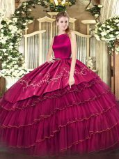 Scoop Sleeveless Clasp Handle Sweet 16 Dress Fuchsia Organza