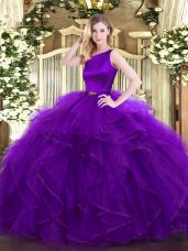 Custom Fit Scoop Sleeveless Clasp Handle Quinceanera Dresses Purple Organza