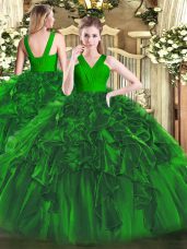 Most Popular Dark Green Sleeveless Floor Length Ruffles Zipper 15th Birthday Dress