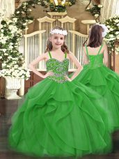 Sleeveless Tulle Floor Length Lace Up Little Girls Pageant Dress Wholesale in Green with Beading and Ruffles
