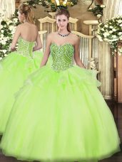 Yellow Green Tulle Lace Up Sweetheart Sleeveless Floor Length 15 Quinceanera Dress Beading and Ruffles