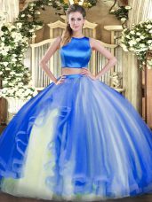 Beauteous Blue Sleeveless Tulle Criss Cross 15th Birthday Dress for Military Ball and Sweet 16 and Quinceanera