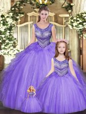 Sleeveless Tulle Floor Length Lace Up 15th Birthday Dress in Eggplant Purple with Beading and Ruffles