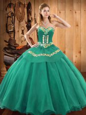 Turquoise Ball Gowns Embroidery Quinceanera Gowns Lace Up Satin and Tulle Sleeveless Floor Length