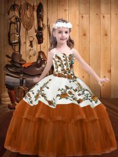 Nice Rust Red Ball Gowns Embroidery Kids Formal Wear Lace Up Organza Sleeveless Floor Length