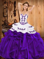 Satin and Organza Strapless Sleeveless Lace Up Embroidery and Ruffles Quinceanera Dresses in Purple