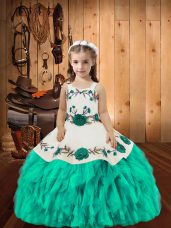 Custom Made Sleeveless Floor Length Embroidery and Ruffles Lace Up Little Girls Pageant Gowns with Aqua Blue