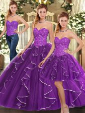 Modest Sleeveless Beading and Ruffles Lace Up Ball Gown Prom Dress