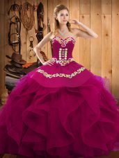 Fuchsia Lace Up Sweetheart Embroidery and Ruffles Quinceanera Dresses Organza Sleeveless