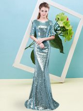 Fabulous Scoop Half Sleeves Zipper Prom Party Dress Baby Blue Sequined