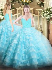 Super Aqua Blue Sleeveless Floor Length Ruffled Layers Zipper Quinceanera Dress