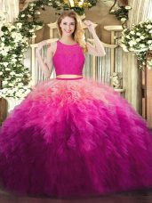 New Style Fuchsia Zipper Scoop Lace and Ruffles Vestidos de Quinceanera Organza Sleeveless