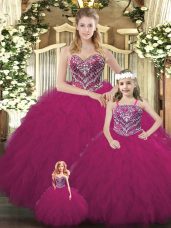 Fuchsia Sleeveless Floor Length Beading and Ruffles Lace Up Sweet 16 Dress