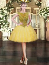 Affordable Gold Tulle Zipper Scoop Cap Sleeves Mini Length Prom Dresses Beading and Ruffles