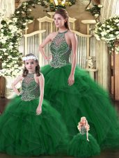 Beautiful Floor Length Dark Green Quinceanera Gowns Halter Top Sleeveless Lace Up
