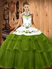 Enchanting Sweep Train Ball Gowns 15th Birthday Dress Olive Green Halter Top Organza Sleeveless Lace Up