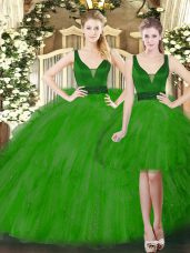 New Style Green Lace Up Quince Ball Gowns Beading and Ruffles Sleeveless Floor Length