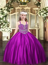 Excellent Sleeveless Satin Floor Length Lace Up Little Girl Pageant Dress in Purple with Beading