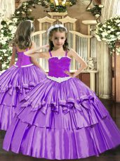 Floor Length Lavender Little Girls Pageant Dress Wholesale Straps Sleeveless Lace Up