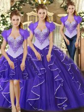 Straps Sleeveless Quinceanera Dress Floor Length Beading and Ruffles Purple Tulle
