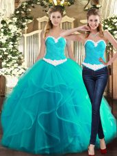 Comfortable Floor Length Baby Blue 15 Quinceanera Dress Tulle Sleeveless Ruffles