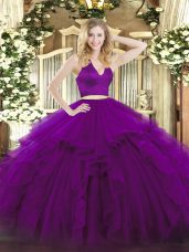 Floor Length Purple Quince Ball Gowns Organza Sleeveless Ruffles
