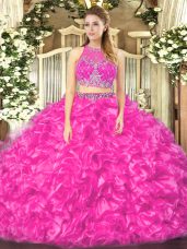 Fuchsia Zipper Scoop Beading and Ruffles Quinceanera Gown Organza Sleeveless