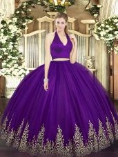 Traditional Sleeveless Floor Length Appliques Zipper 15th Birthday Dress with Dark Purple