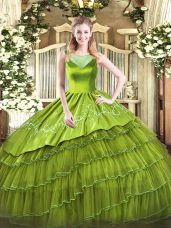 Dramatic Sleeveless Floor Length Beading and Embroidery Side Zipper Sweet 16 Dress with Olive Green