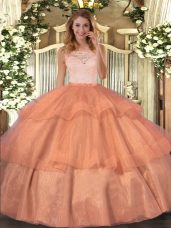 Floor Length Clasp Handle Sweet 16 Dress Orange for Military Ball and Sweet 16 and Quinceanera with Lace and Ruffled Layers
