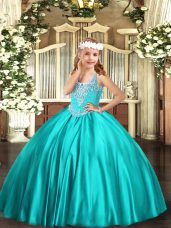 Satin V-neck Sleeveless Lace Up Beading Kids Formal Wear in Turquoise