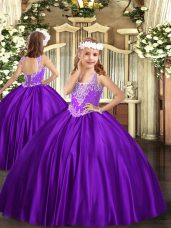 V-neck Sleeveless Lace Up Little Girls Pageant Dress Purple Satin