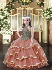 Rust Red Organza Lace Up Little Girl Pageant Gowns Sleeveless Floor Length Beading and Ruffled Layers