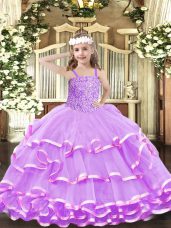 Sleeveless Lace Up Floor Length Beading and Ruffled Layers Little Girl Pageant Dress