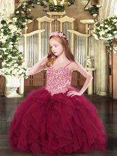 Cute Tulle Sleeveless Floor Length Little Girl Pageant Dress and Appliques and Ruffles