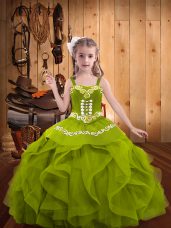 Customized Olive Green Sleeveless Floor Length Embroidery and Ruffles Lace Up Pageant Dress Womens