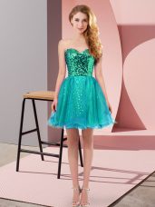 Teal Tulle Zipper Sweetheart Sleeveless Mini Length Prom Party Dress Sequins