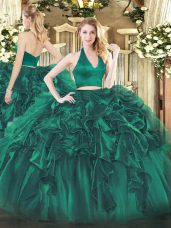 Dark Green Organza Zipper Quinceanera Dress Sleeveless Floor Length Ruffles