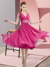 Hot Pink Chiffon Side Zipper V-neck Sleeveless Knee Length Bridesmaid Dress Beading