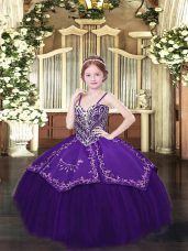 Dark Purple Lace Up Spaghetti Straps Beading and Embroidery Party Dress Satin and Organza Sleeveless