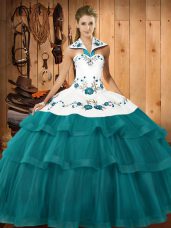 Sweep Train Mermaid Quinceanera Dress Teal Halter Top Organza Sleeveless Lace Up