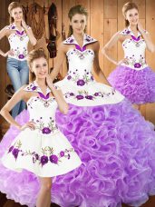 Lilac Fabric With Rolling Flowers Lace Up Halter Top Sleeveless Floor Length Quinceanera Gowns Embroidery