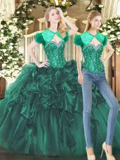 Fantastic Dark Green Tulle Lace Up Vestidos de Quinceanera Sleeveless Floor Length Beading and Ruffles