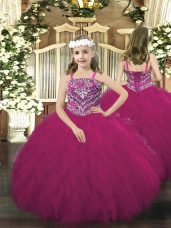 Sleeveless Floor Length Beading and Ruffles Lace Up Little Girls Pageant Gowns with Fuchsia