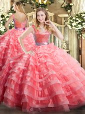 Cute Floor Length Ball Gowns Sleeveless Watermelon Red Quinceanera Dress Zipper