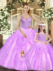 Lilac Organza Lace Up Quince Ball Gowns Sleeveless Floor Length Beading and Ruffles