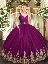 Fuchsia Tulle Backless 15th Birthday Dress Sleeveless Floor Length Beading and Appliques and Ruching