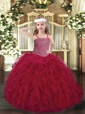 Excellent Wine Red Lace Up Party Dresses Beading and Ruffles Sleeveless Floor Length