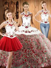 Great Fabric With Rolling Flowers Halter Top Sleeveless Lace Up Embroidery Sweet 16 Dress in Multi-color